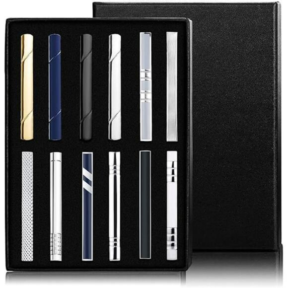 Mens tie clip set 12 pack silver gold black tie bars formal wedding gift box - Picture 8 of 8